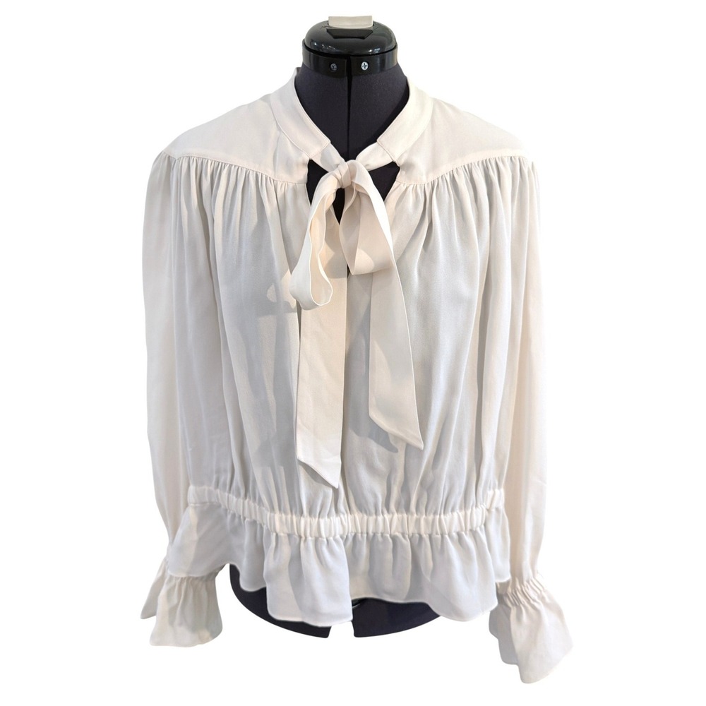 The Kooples‎ Ecru Bow Blouse Peplum Waist Ruffle Cuff Oversized Fit